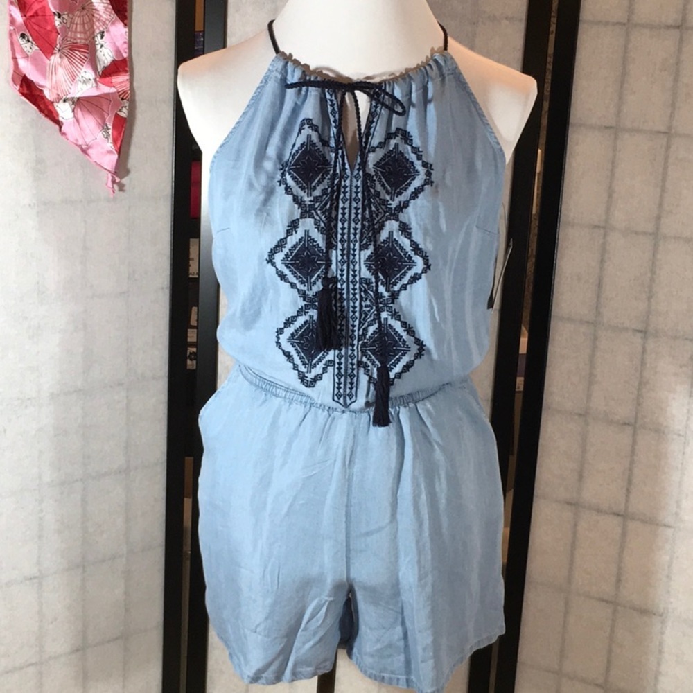 Crown & Ivy blue faux denim romper